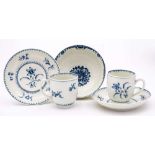 A pair of First Period Worcester blue and white coffee cups and saucers and a similar bowl: the