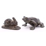 A bronze study of a rabbit after Antoine-Louis Bayre and a bronze study of a toad: the rabbit