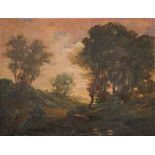 English School early 19th Century- Cattle and figures in a woodland glade,