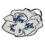 A First Period Worcester blue and white leaf dish: in the form of overlapping vine leaves with twig