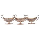 A set of three George III silver twin handled salts, maker Henry Chawner, London,