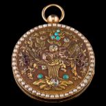 A mid 19th Century circular pocket watch case converted to a locket: the glazed cover panel with a