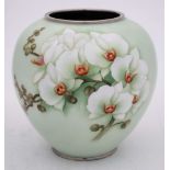 A Japanese cloisonne globular vase: decorated with a large spray of cherry blossom on a pale