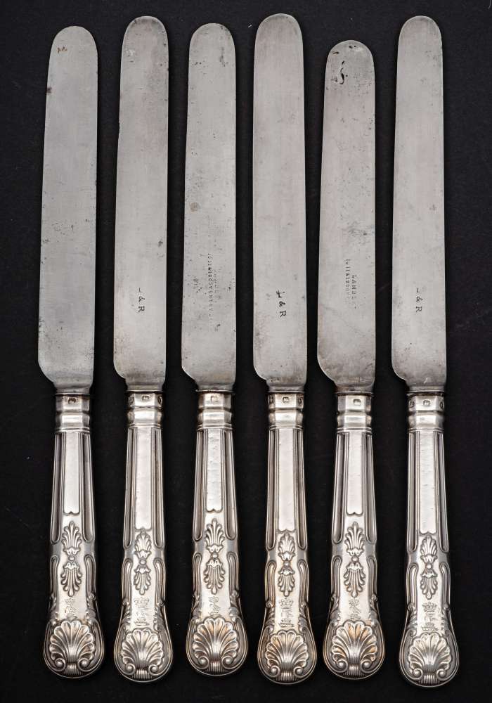 A set of six matched Victorian Kings pattern silver handled table knives,