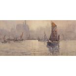 Rose Champion de Crespigny [1860-1935]- Misty Thames river scene,:- signed bottom right watercolour,