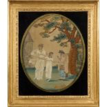 A Regency period silkwork picture of a mother and child with beggar woman: worked in coloured