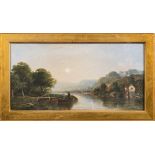 Attributed to William Gosling [19th Century]- A river landscape, hunt and figures in the foreground,