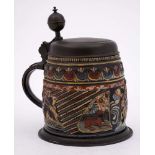 A German pewter mounted stoneware 'Hunting' stein: decorated in polychrome enamels on applied