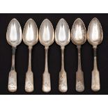 A set of six early to mid 19th century Scottish provincial silver Fiddle pattern teaspoons,