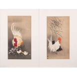 Tsukioka Kogyo A Japanese woodblock print, A White Rooster with Black Hen: 33 x 17cm.