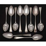 Ten George III silver Old English pattern tablespoons, various makers and dates: initialled,