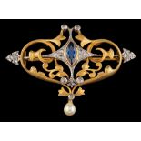 An Art Nouveau sapphire and rose diamond-set pendant/brooch: of openwork foliate scroll design with