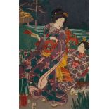 Kuniyoshi A Japanese woodblock print, Mother and Child Viewing Irises at Night: 33 x 21cm.