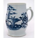 A Liverpool [William Reid] blue and white barrel-shaped mug: with scroll handle and thumb rest,