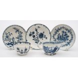 A mixed lot of Lowestoft and Bow blue and white porcelain: comprising a Lowestoft saucer printed