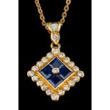 A modern 18ct gold, sapphire and diamond square pendant: on chain,