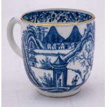 A Bow blue and white coffee cup: painted with figures and sanpans in an extensive rocky river