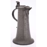 A German pewter flagon: with scroll thumbpiece and rounded flared base,