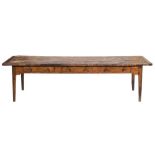 A 19th Century elm and pine farmhouse kitchen table:, with a pine four plank cleated top,