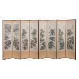 A Chinese eight-fold screen: the panels painted with extensive mountainous lake and river