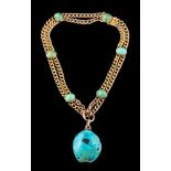 A turquoise mounted 9ct gold, curb-link two-strand bracelet: suspending a larger turquoise pendant,