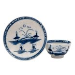 A Caughley blue and white 'toy' tea bowl and saucer: painted with the 'Island' pattern of sailing