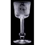 An English wine glass: the bucket shaped bowl engraved with a portrait of Bonnie Prince Charlie