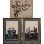 A pair of Chinese pith paintings and one similar: the pair painted with a dignitary and an elegant