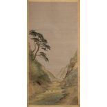 A Japanese silkwork scroll: depicting a retreat within an extensive mountainous river landscape,