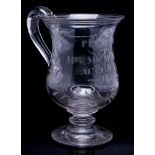 A large presentation glass mug, dated 1850: of bell shape on knopped pedestal foot,