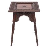 A late 19th Century Indian carved hardwood square occasional table:,