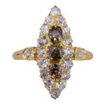 A late 19th Century coloured diamond marquise-shaped cluster ring: set with three round old,