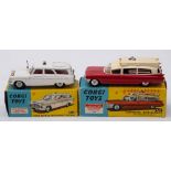 Corgi No 436 Superior Ambulance on Cadillac Chassis: white and red body, brown interior spun hubs,