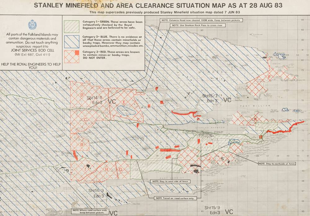 Of Falklands Conflict Interest: two framed minefield survey maps for Stanley and Camp,