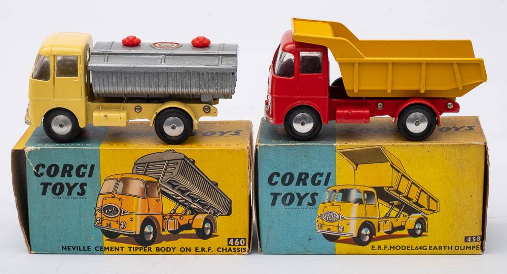 Corgi 458 ERF Model 64G Earth Dumper:, yellow bucket, red cab and chassis, spun hubs,