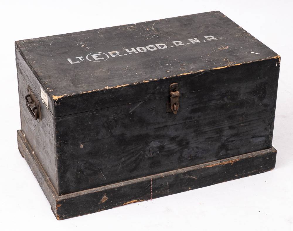 A mid 20th century seaman's chest: in blue and inscribed 'Lt (E) R Hood RNR', 43 x80 x 47cm.