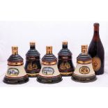 Five Bells Christmas Whisky bottles: 1988/89/90/92 & 93 and bottle of Bass 'Prince of Wales Brew