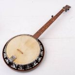 A Barnes and Mullin five string banjo: mother of pearl dot fret markers and nickel plated fixings,