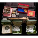 Three 1972 silver proof crowns : together with a small group of coins and two Butlins badges,