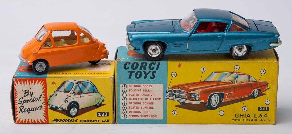 Corgi 233 Heinkel Economy Car:, orange body, yellow interior,spun hubs,