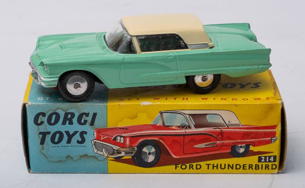Corgi 214 Ford Thunderbird: white hardtop, green body, spun hubs with treaded black tyres,