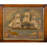 A Victorian woolwork picture of HMS Warrior: the central portrait of the ship set full sail and at