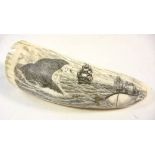 A scrimshaw tooth decorated by Muchado Olivera: depicting a whaling crew on a boat beside a whale