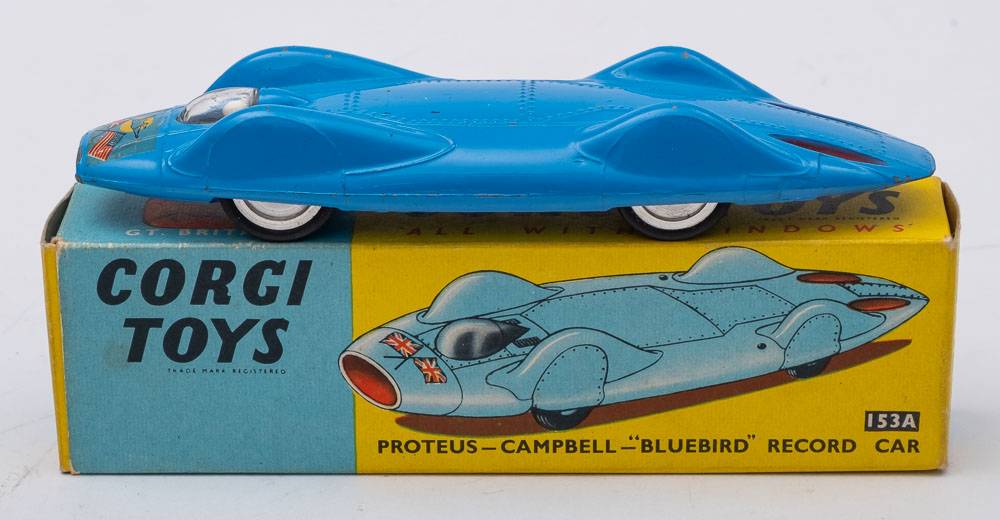 Corgi 153A Proteus-Campbell 'Bluebird' Record Car: blue with clear canopy and with driver figure,