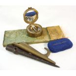 A brass Stanley pattern surveying compass: together with a Marlin spike, a brass boat hook,