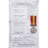 A Queen's South Africa Medal '6979 Pte H W Roe 3rd Leic Rgt' with ghost dates and two clasps: