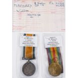 A WWI pair to '266958 Pte W Macauley R Highrs' (The Black Watch Royal Highlanders 25th Bttn):.