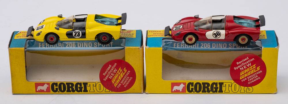 Corgi 344 Ferrari 206 Dino Sport a boxed pair:, one red with black interior, white doors No 30,