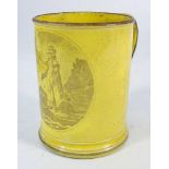 A Staffordshire yellow ground pottery cylindrical mug: transfer printed in black depicting 'Sweet