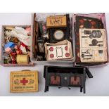 A collection of early 20th century and later dolls house furniture and dolls: including a tinplate